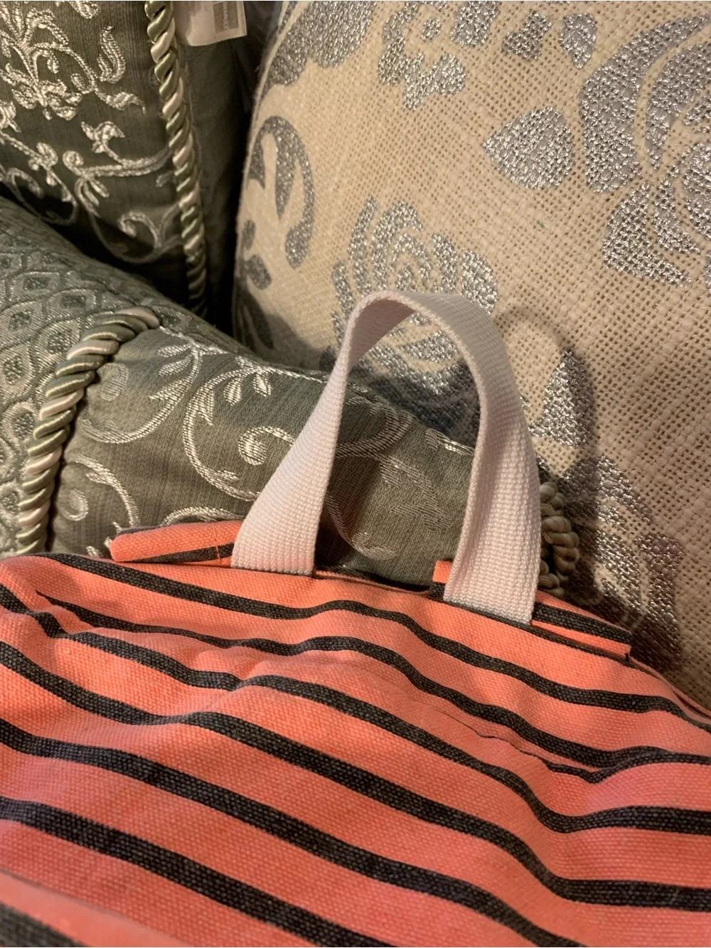 PINK Victoria's Secret Coral Pink and Black Striped Canvas Backpack (Rare)
